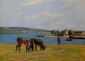 阿爾弗萊德 西斯萊 Cows by the Seine at Saint-Mammes